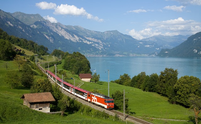 Train passing through Bernese Oberland Region in Switzerland