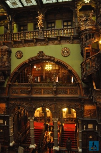 Overview of the Grand Staircase and Honor Hall of Peles Castle